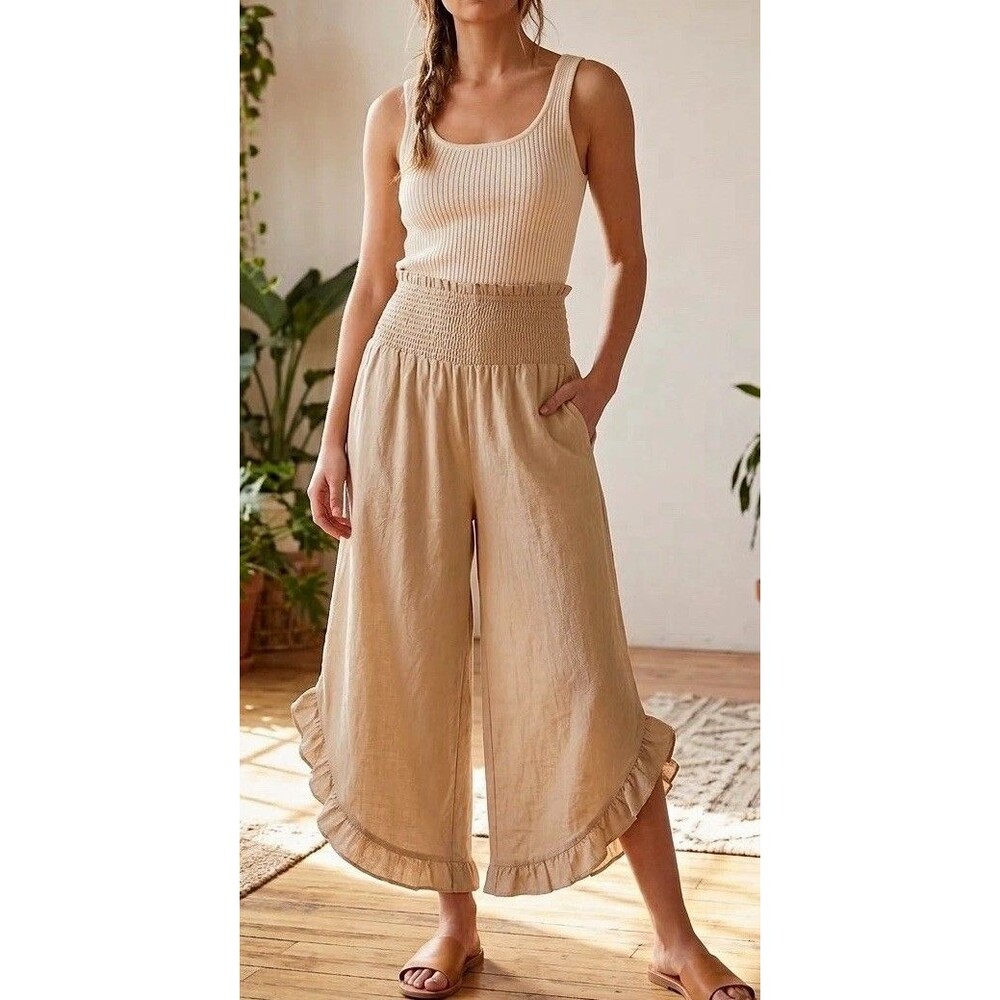 Emery Rose Cottagecore Beige Elastic Waist Wide-Leg Ruffle Cropped Pants Coastal